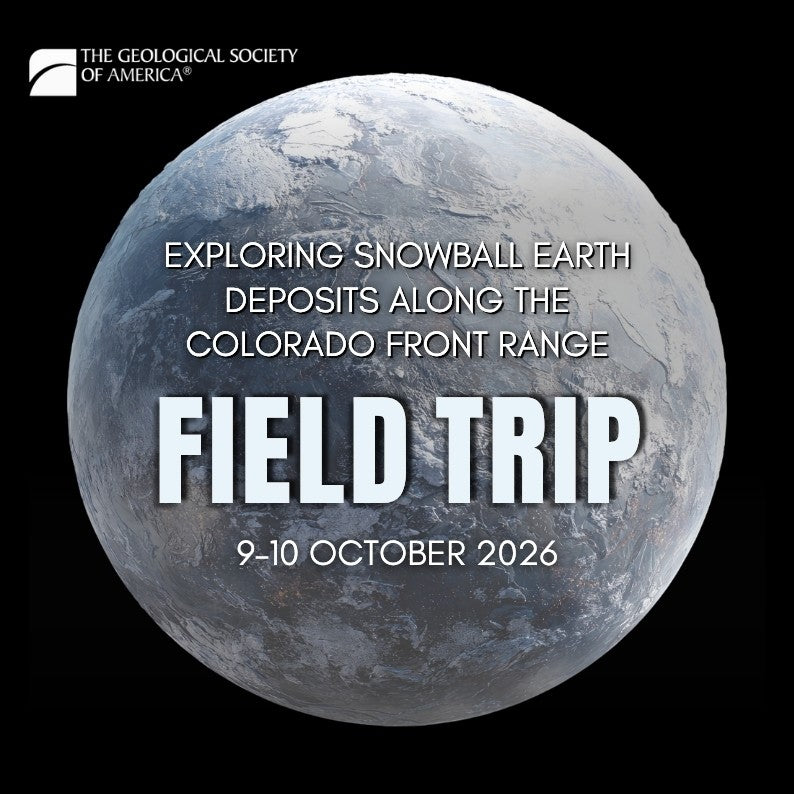 Illustration of an icy, Earth-like planet covered in frozen terrain and glaciers, shown against a black space background. Text advertises a GSA field trip. 
