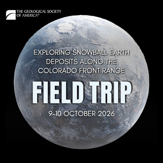 Illustration of an icy, Earth-like planet covered in frozen terrain and glaciers, shown against a black space background. Text advertises a GSA field trip. 

