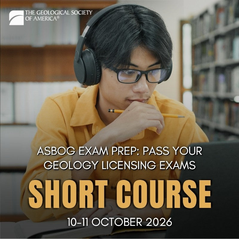 Person wearing headphones and glasses, holding a pencil, with text about geological licensing exams and a course date.