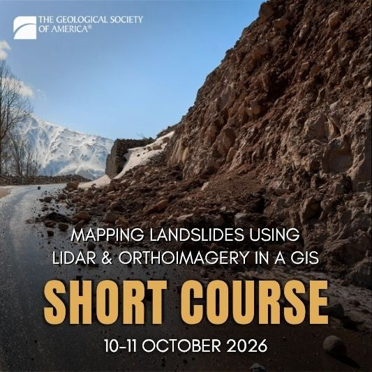 A mountain landslide on to a road with text advertising a GSA short course. 