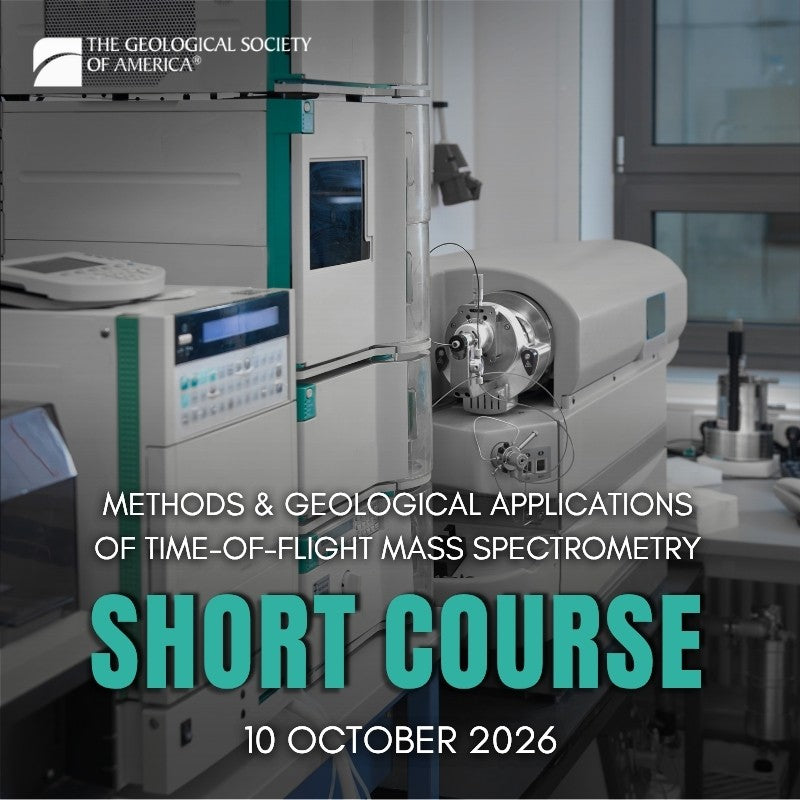 Advertisement for a Geological Society of America short course on time-of-flight mass spectrometry with laboratory equipment in the background.