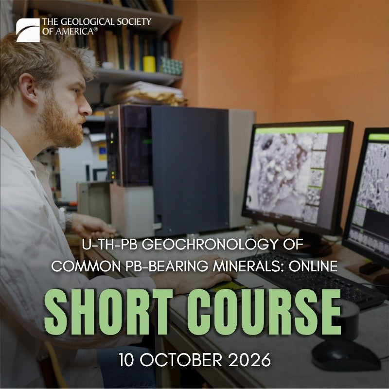 Person in a lab setting with computer monitors, promoting a geological short course.