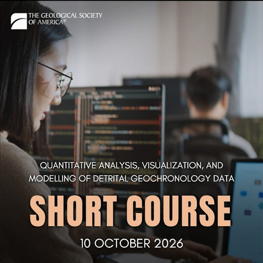 Promotional image for a Geological Society of America short course on quantitative analysis and modeling of detrital geochronology data, with people working at computers.