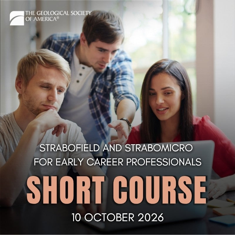 Three people look at a computer screen. Text advertises a GSA short course. 