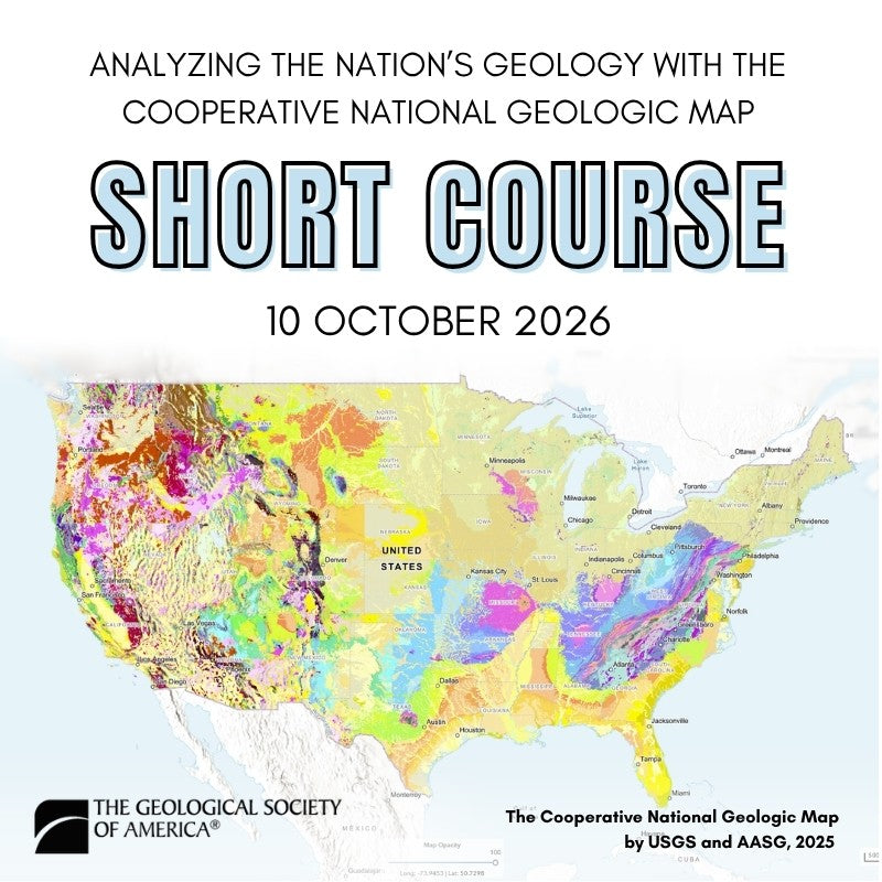 Text advertising a GSA short course and a colorful map of the United States. 