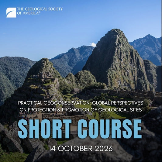 Text advertising a GSA short course on top of an image of mountains and a blue sky. 