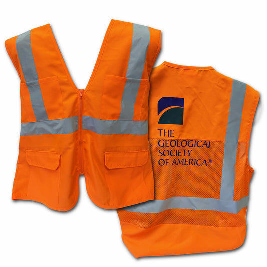 Orange safety vest with reflective stripes and 'The Geological Society of America' logo 