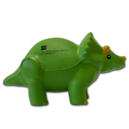 Green triceratops-shaped stress ball with Geological Society of America logo 