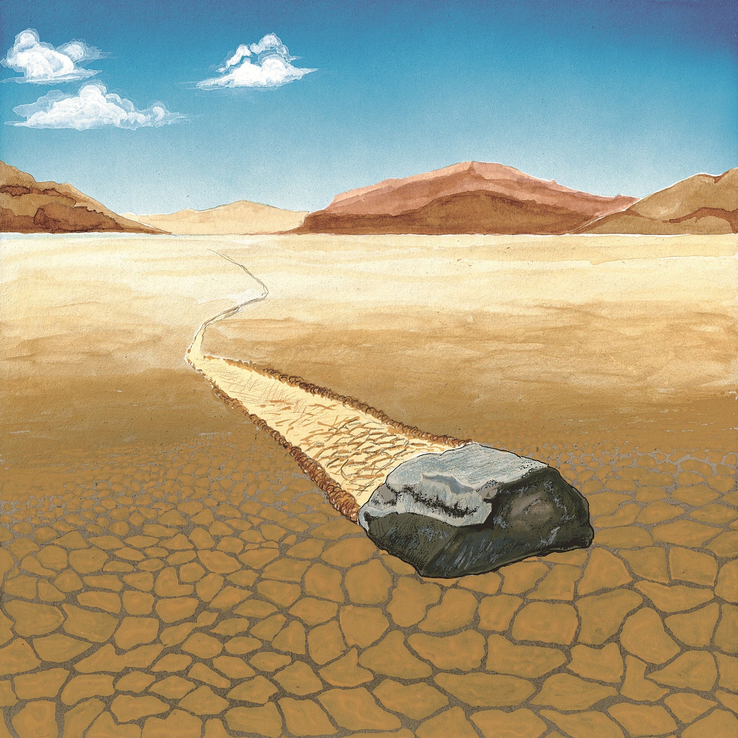a painting of a cracked desert floor with a rock that "sailed" across the ground. 