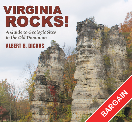 Book cover for 'Virginia Rocks! A Guide to Geologic Sites in the Old Dominion' by Albert B. Dickas, featuring a large rock formation in an autumn landscape with trees, bold red title text, and a red diagonal 'BARGAIN' banner.