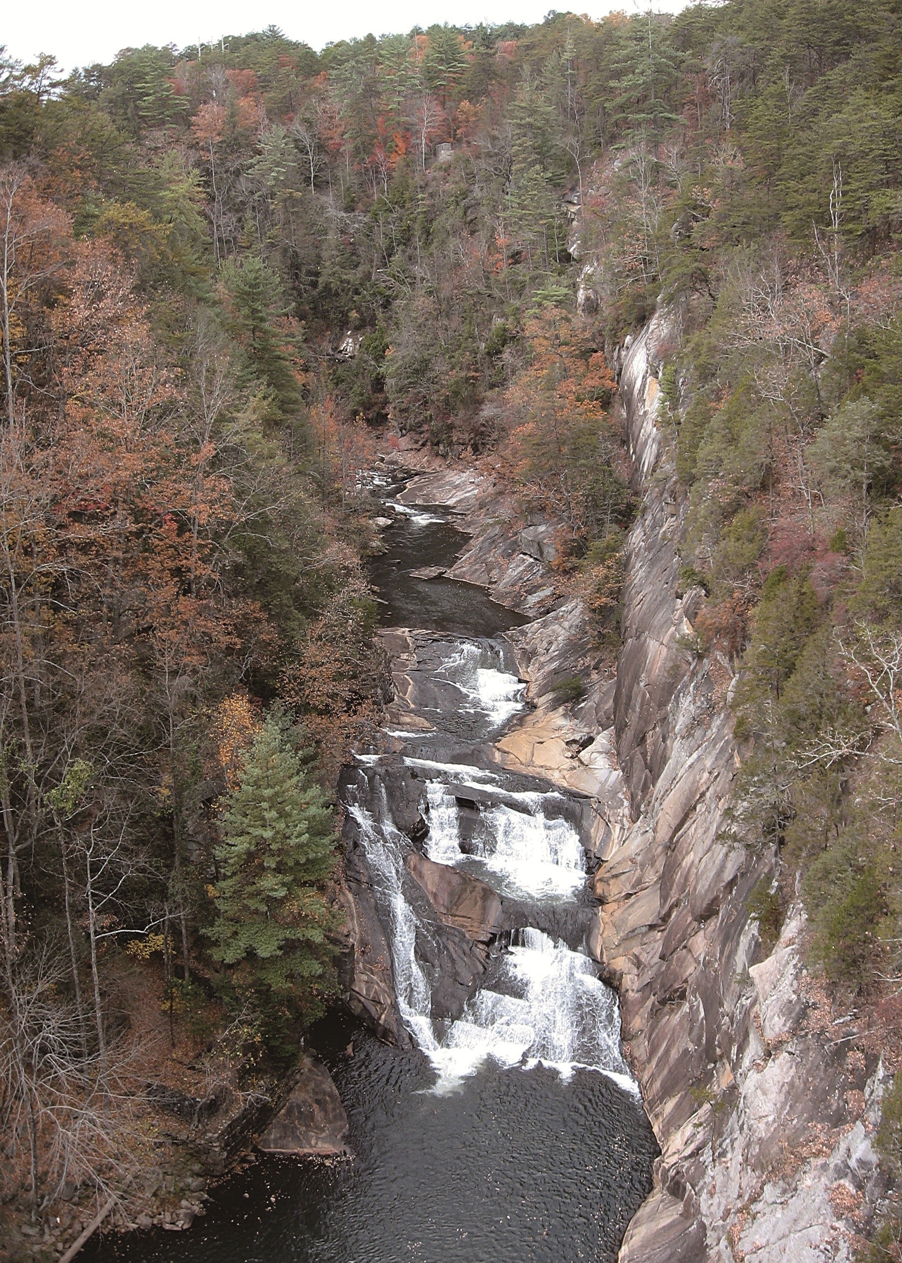 Waterfall in a forested area with autumn foliage, Tallulah Gorge, Georgia