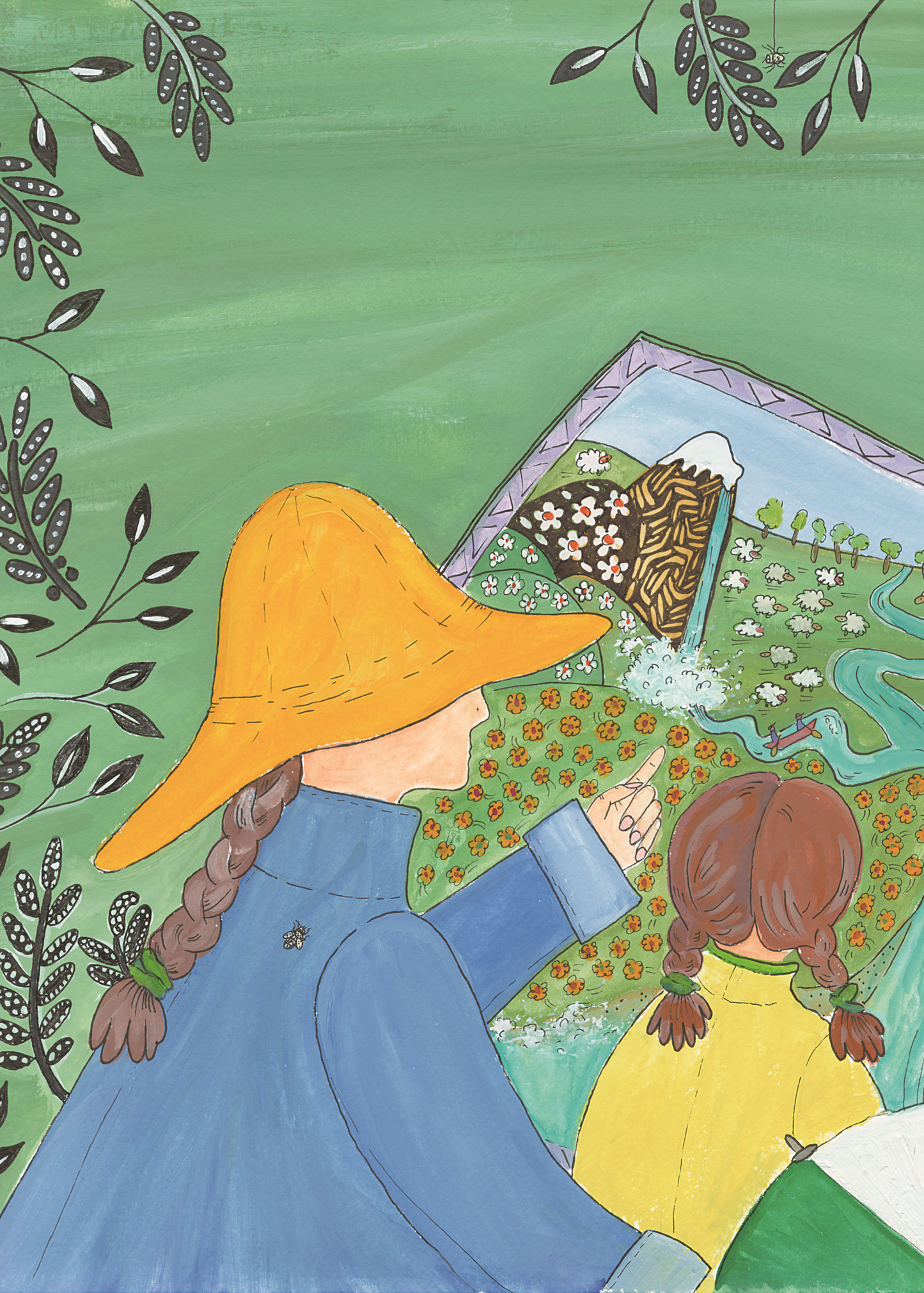 A colorful illustration of a woman in a wide-brimmed yellow hat and blue coat pointing at a landscape map or garden plan, with a child beside her. The scene is framed by leafy branches on a green background.