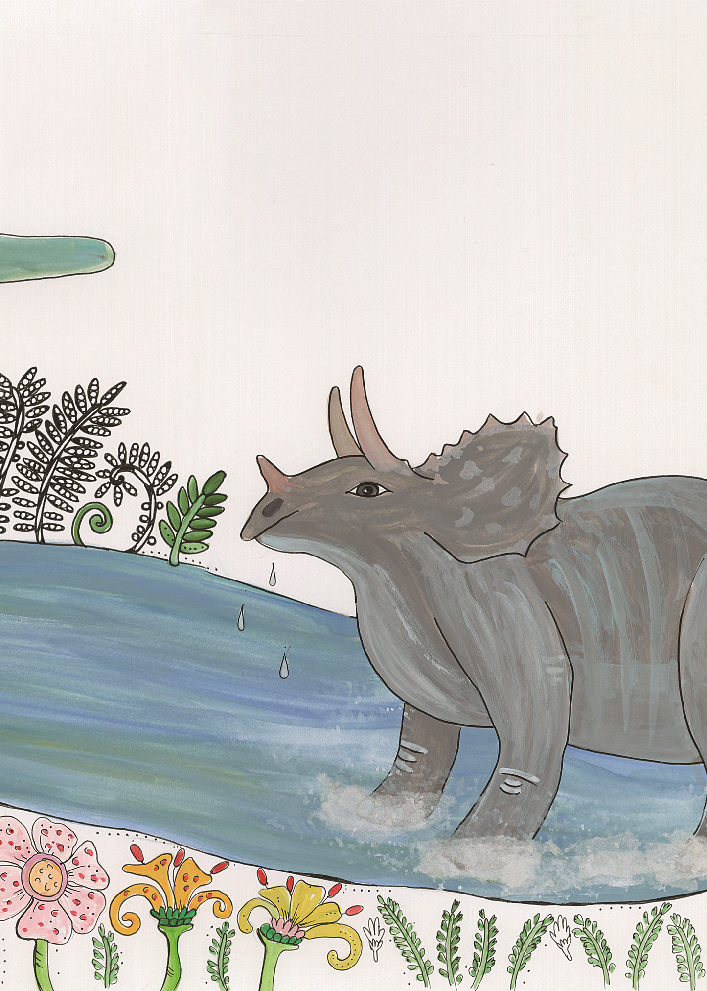 A painting of a rhino in a river