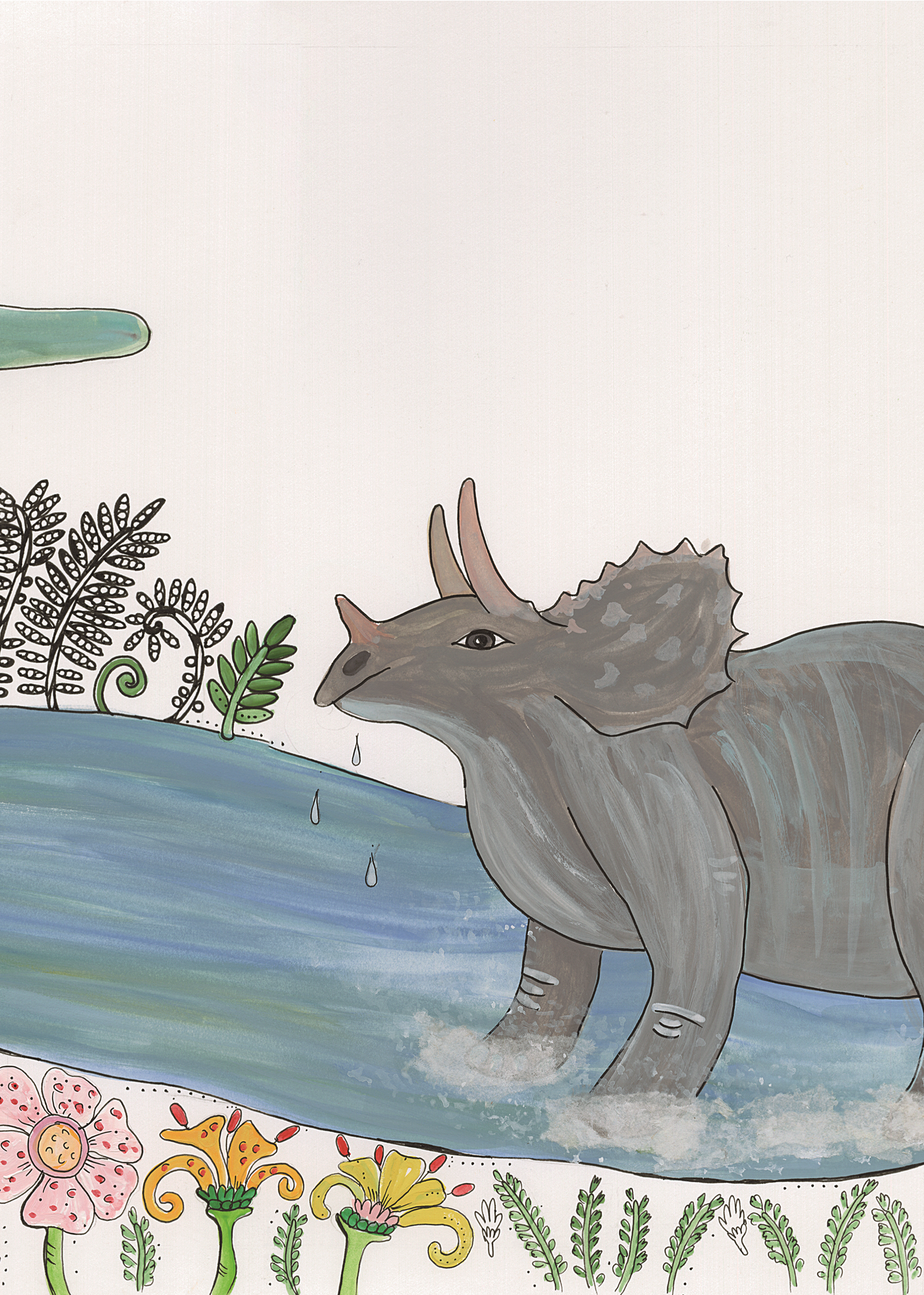 A painting of a rhino in a river
