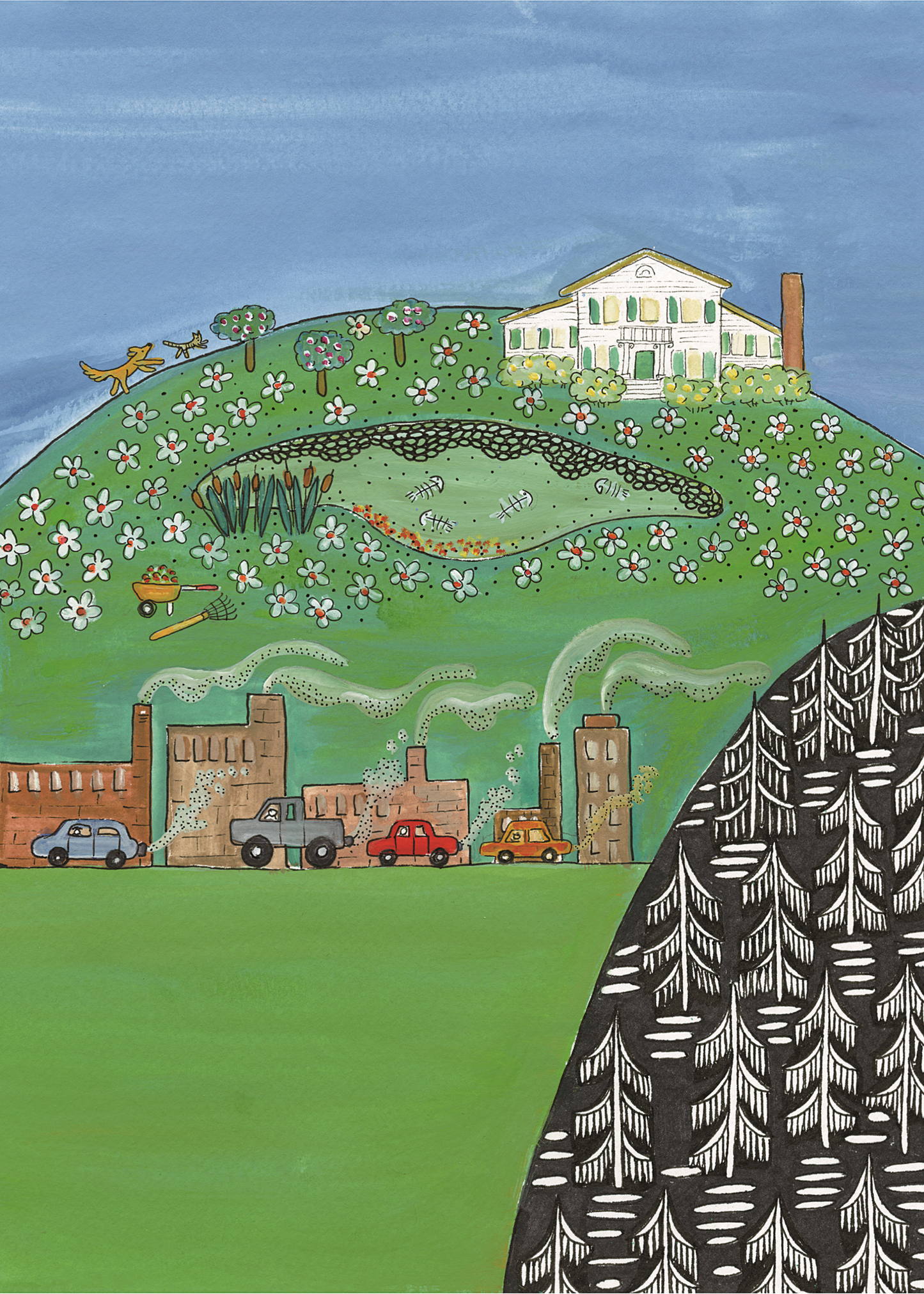 A stylized landscape painting showing a green hillside with a white house, flowers, banks of a river, and a small town with cars and factories in the foreground, framed by dark patterned hills on both sides.
