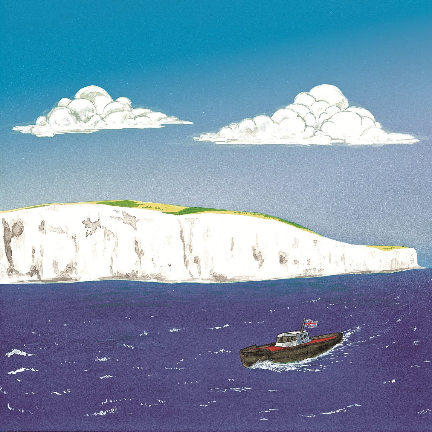 A stylized illustration of the White Cliffs of Dover with a large white cliff, deep blue water, two white clouds, and a small boat in the water. 