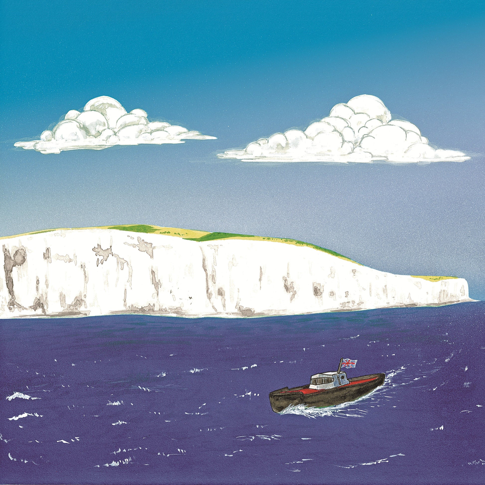 A stylized illustration of the White Cliffs of Dover with a large white cliff, deep blue water, two white clouds, and a small boat in the water. 