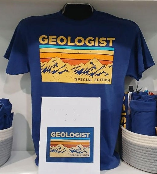 Blue shirt with retro mountain design at top that reads "Geologist - Special Edition"