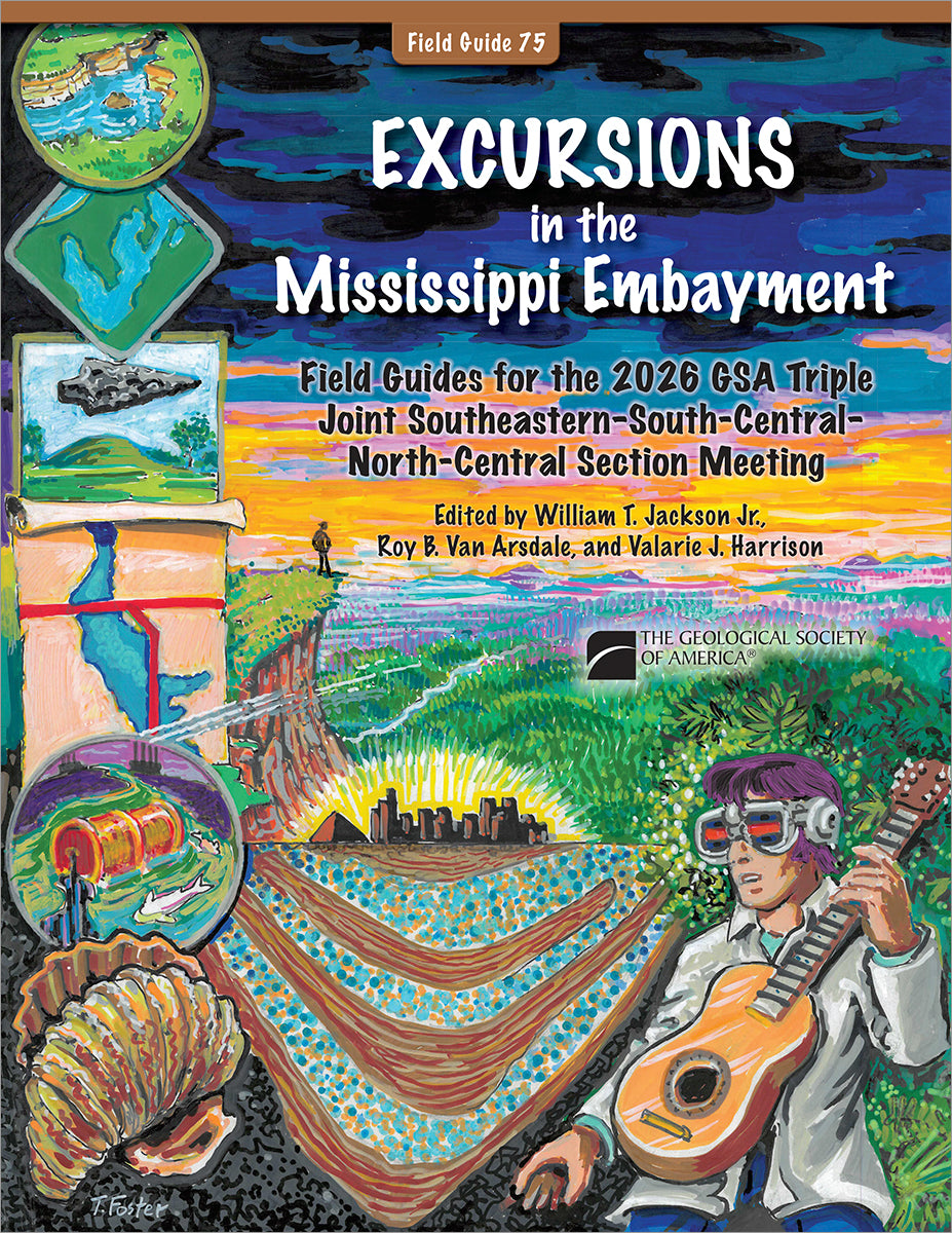 Book cover for "Excursions in the Mississippi Embayment" with colorful field trip-based illustrations and a person in virtual reality glasses playing a guitar.