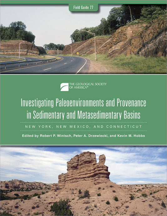Cover for Field guide 77 with two horizontal photos. Top photo: Highway winding between exposure of tilted strata on a cloudy day. Bottom photo: Eroded sandstone outcrop with layered beds and a tall pillar-like rock formation in an arid desert landscape.