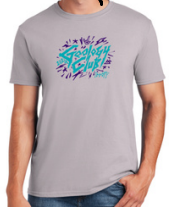 Front of gray Geology Club t-shirt, which reads, "Geology Club 2024" with light blue text