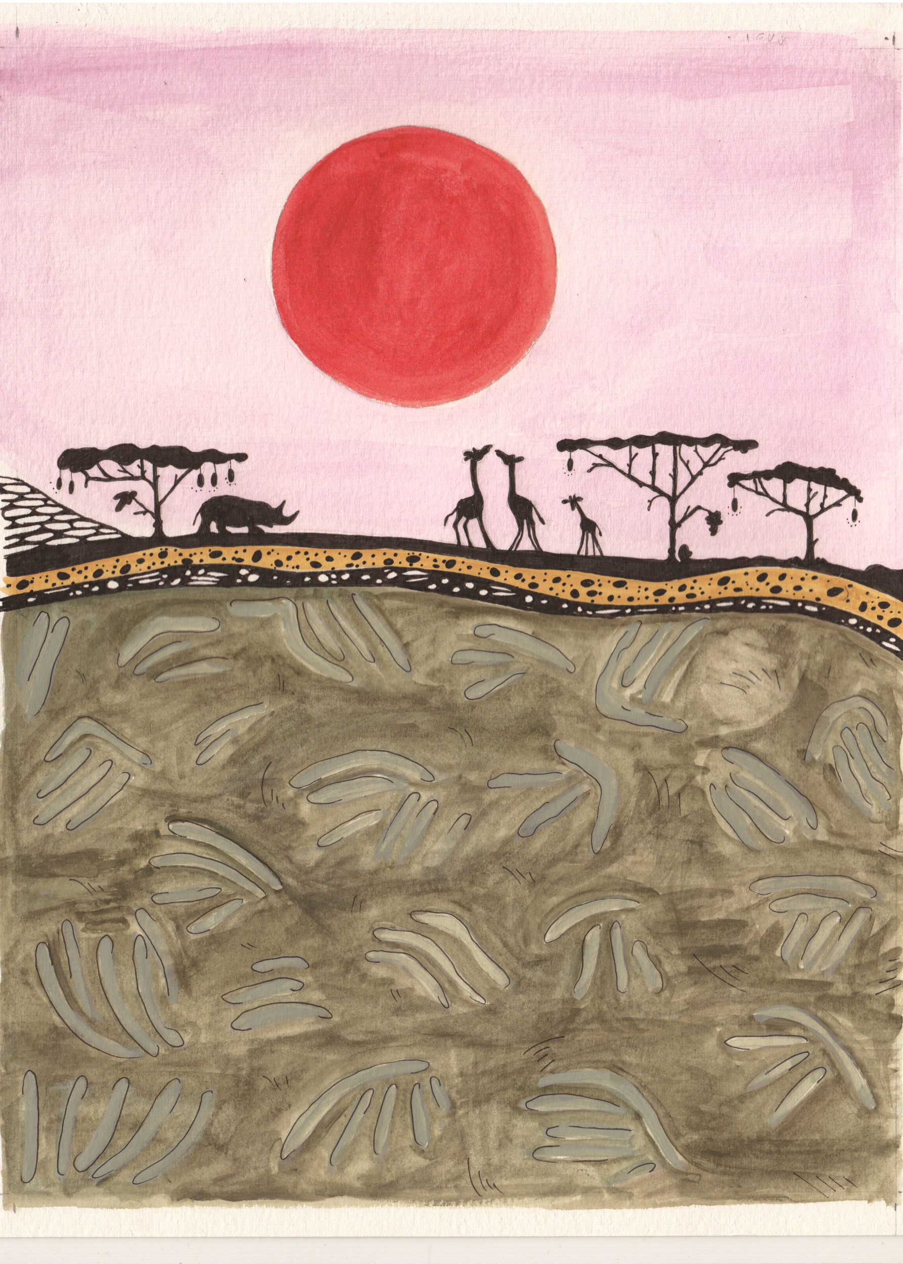 the sun ruses over a landscape with a rhino and giraffes
