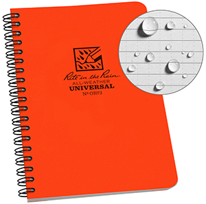 Cover of orange spiral-bound notebook with bubble showing lined paper is waterproof