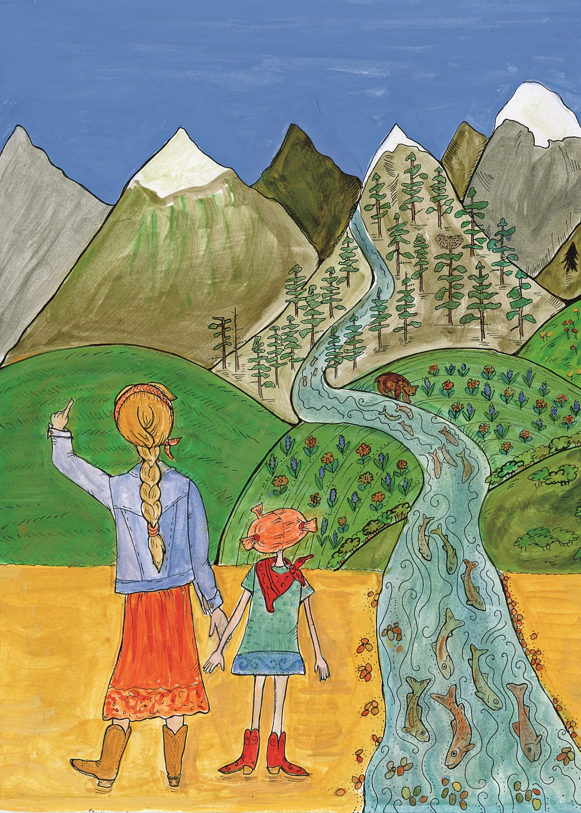 a woman and  a girl look at mountains and a river