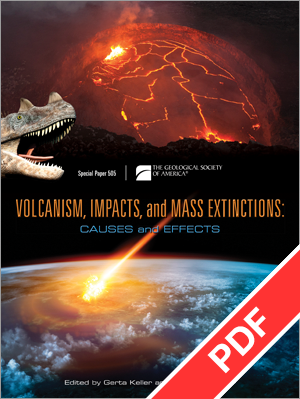 Cover for "Volcanism, Impacts, and Mass Extinctions" with PDF ribbon