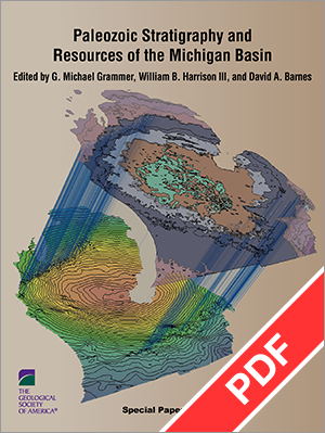 Cover for "Paleozoic Stratigraphy and Resources of the Michigan Basin" with PDF ribbon