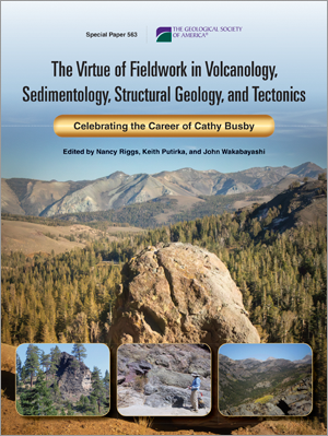 Book cover of 'The Virtue of Fieldwork in Volcanology, Sedimentology, Structural Geology, and Tectonics' with mountain landscape and rock formation.