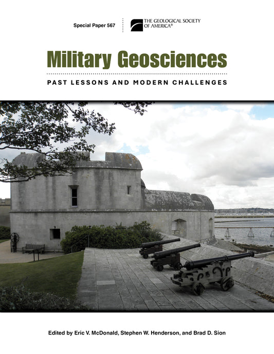 'Military Geosciences" book cover featuring a photo of the Portland Stone Tudor fort with round keep behind a roofless gun room and cannons on a paved gun platform in the foreground overlooking Portland Harbour.