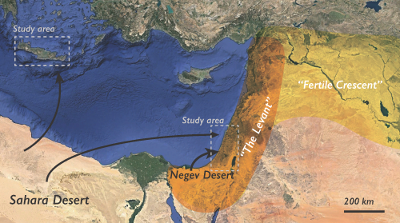 A satellite-imagery map of the eastern edge of the Mediterranean Sea and the land south and east of it. The Levant region is shaded in orange, and the Fertile Crescent is shaded in yellow. A thin black arrow stretches from the northern Sahara Desert to the western coast of Israel, and a thicker black arrow curves from the Negev Desert (in the southwestern corner of Israel) to further inland Israel. A thin black arrow also goes from the Sahara to the island of Crete. The two study areas (Galilean Mountains in Israel and the island of Crete) are outlined by gray dashed boxes. The scale bar reads 200 km.