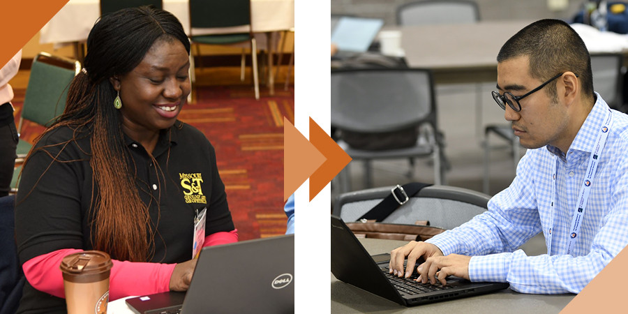 In side-by-side photos, a woman and a man work on laptops.